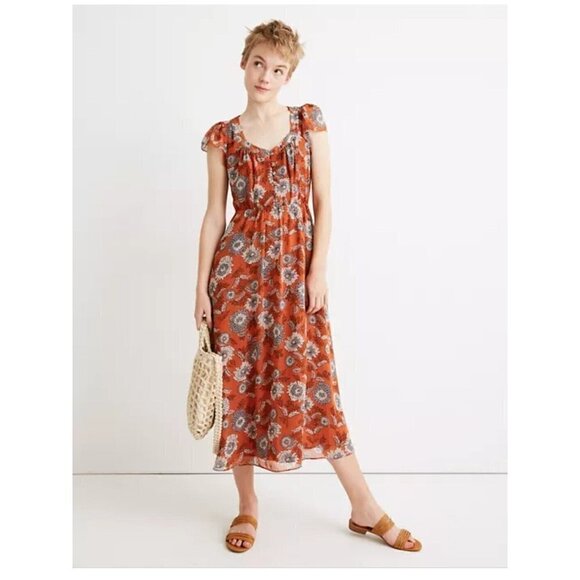 Madewell Sheer-Sleeve Button-Front Midi Dress in Gathered Blooms Rust Size 12 - Picture 1 of 10